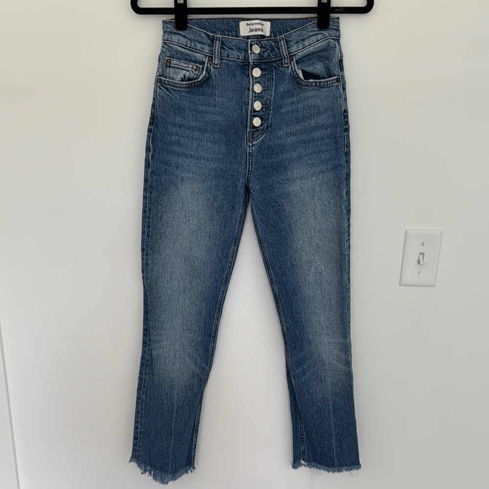 Reformation High Waist Button Front Denim, Malta Wash - Size 25